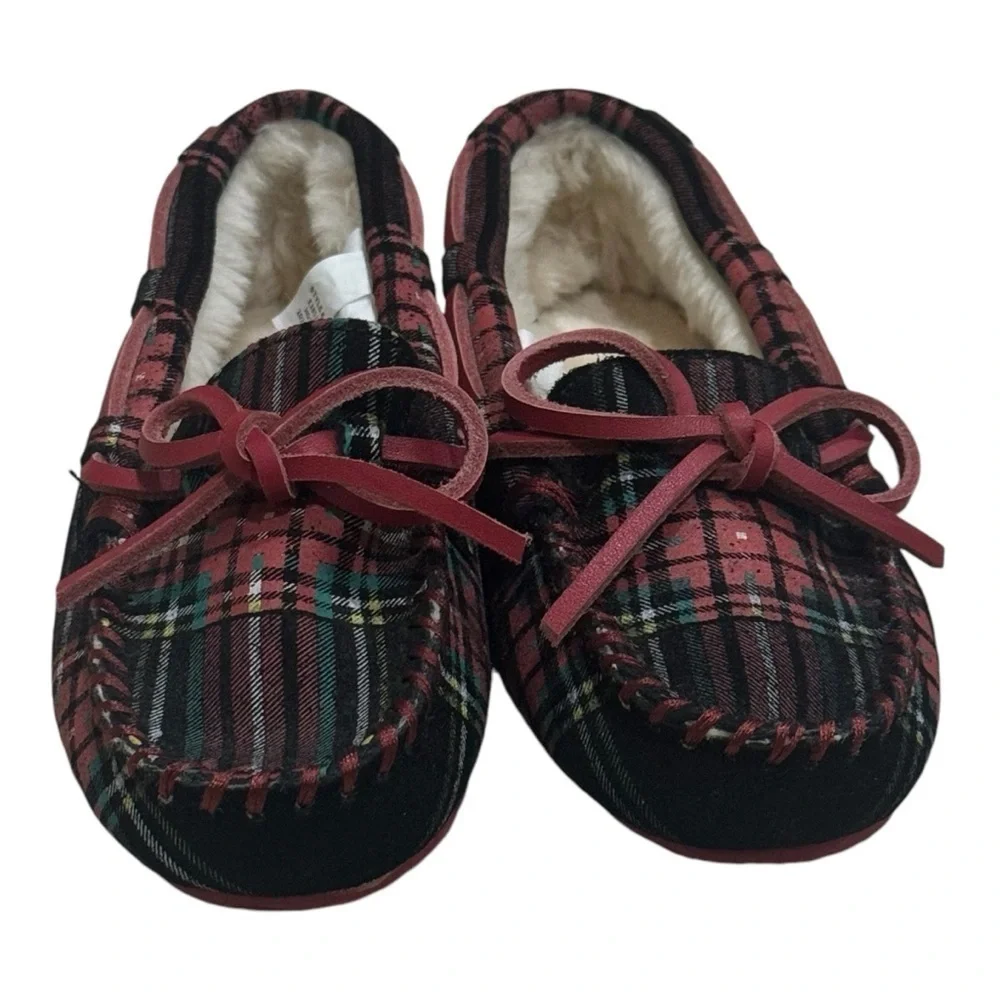 Crewcuts Plaid Holiday Winter Moccasin Leather Upper Faux Fur Kid's Size 12‎